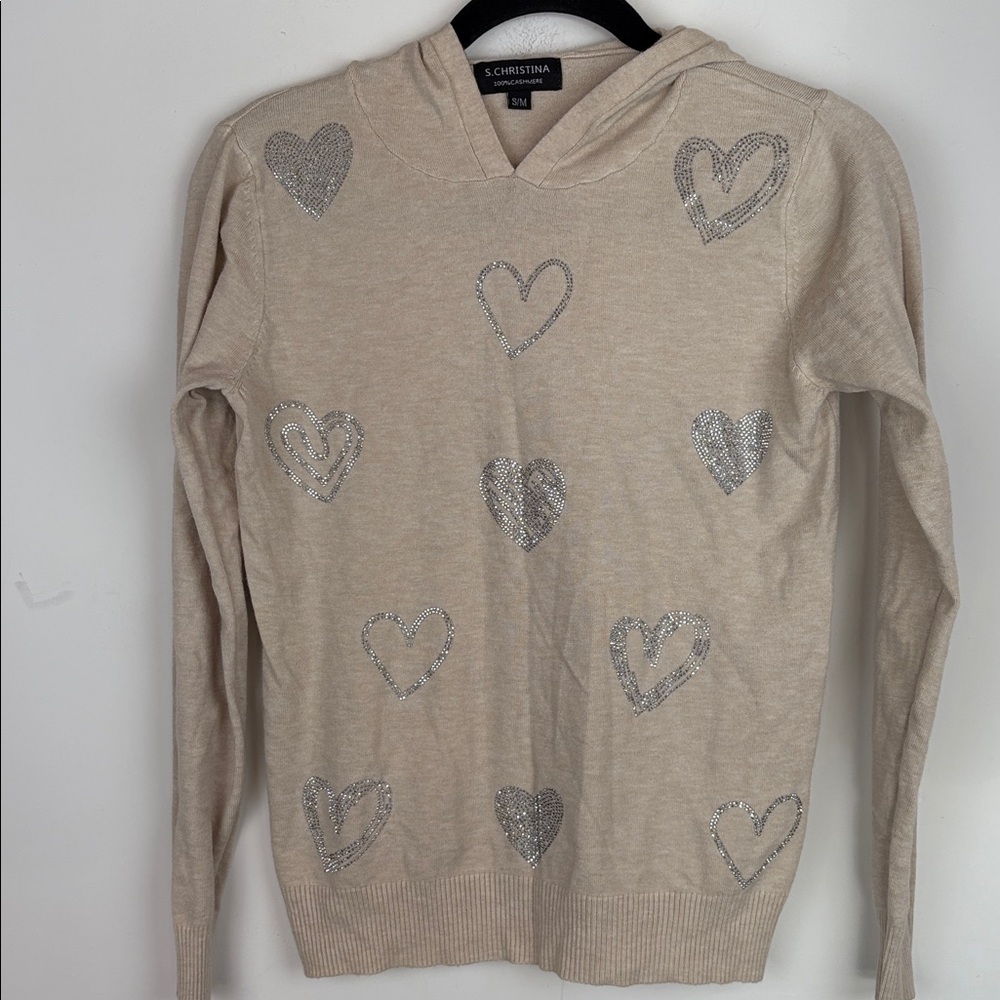 S. Christina 100% Cashmere hooded Beige heart Sweater/small- medium